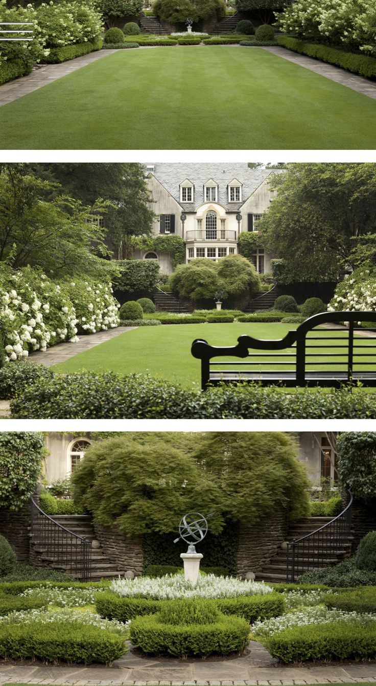 four different views of a large garden with hedges and bushes in front of the house