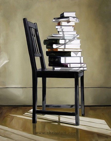 a stack of books sitting on top of a wooden chair next to a pile of books