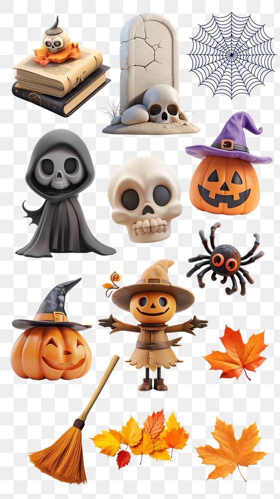 halloween decorations with pumpkins and witches on them, including an owl, spider, ghost,