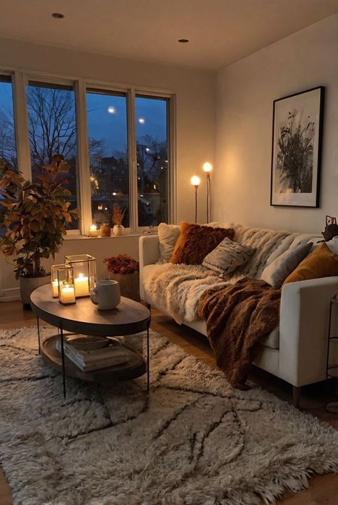 a living room filled with lots of furniture and candles on top of it's coffee table