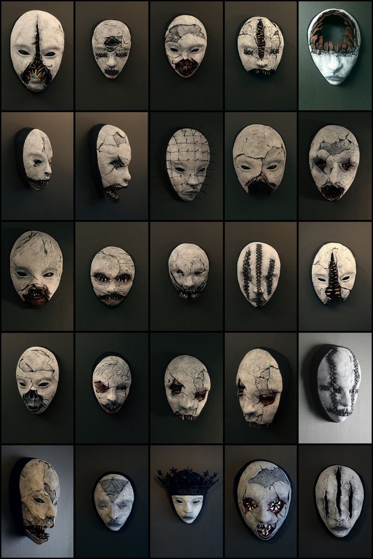 many different masks are arranged in rows on a black background, each with an individual's face