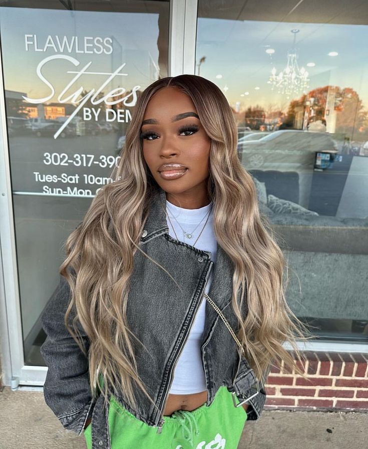 Ombré Ash Blonde, Long Blonde Bob Black Women, Dark Roots Blonde Hair Black Women, Ash Blonde Sew In, Ash Blonde Balayage Black Women, Blonde Hair Dark Skin Women, Ash Blonde Dark Skin, Colored Wig Ideas, Ash Blonde Black Women