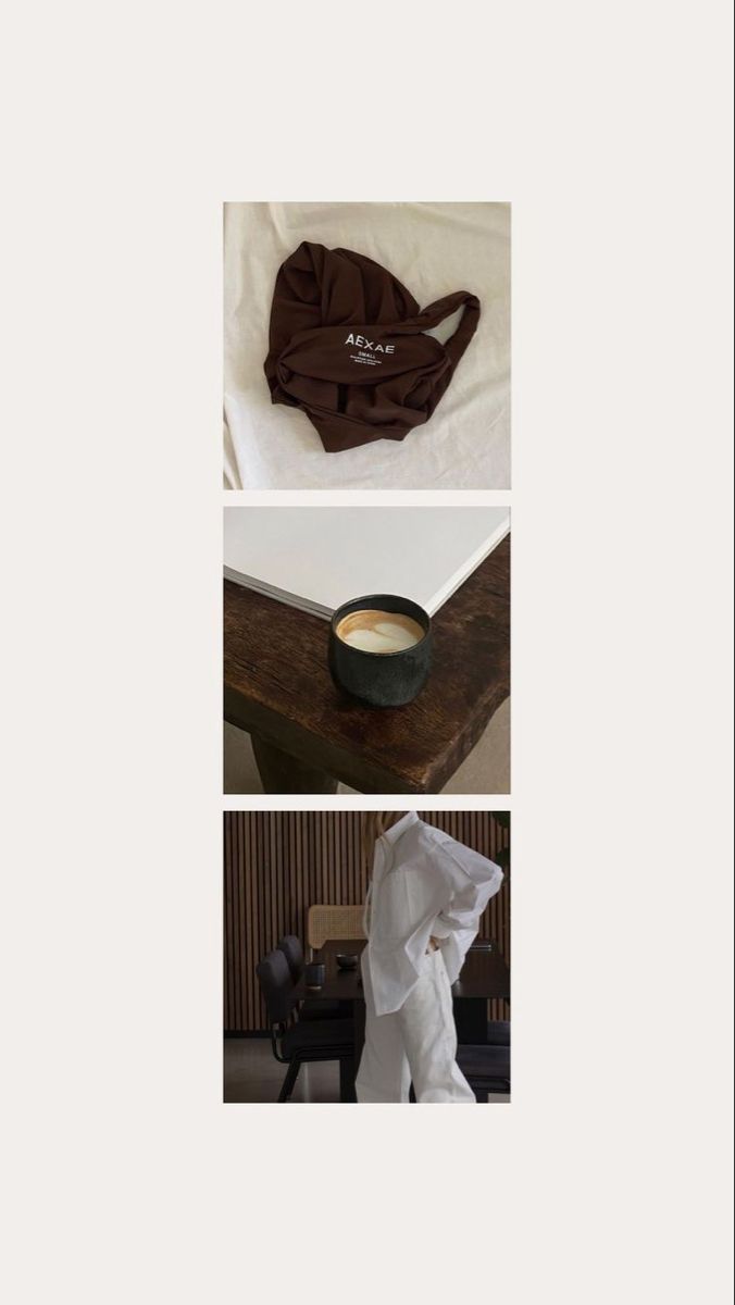 three different pictures with coffee and napkins on top of the same table, one in front of an unmade bed