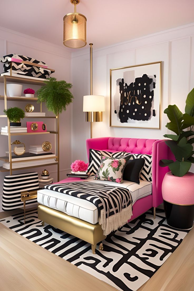 a pink and black bedroom with gold accents