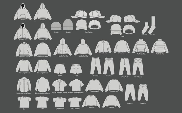 an image of different types of baseball caps and jackets on a gray background with the words,