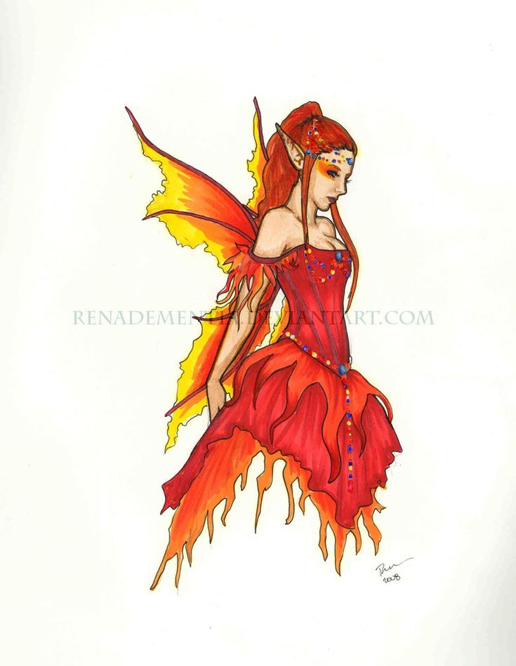 a drawing of a woman in red and yellow dress with wings on her back,