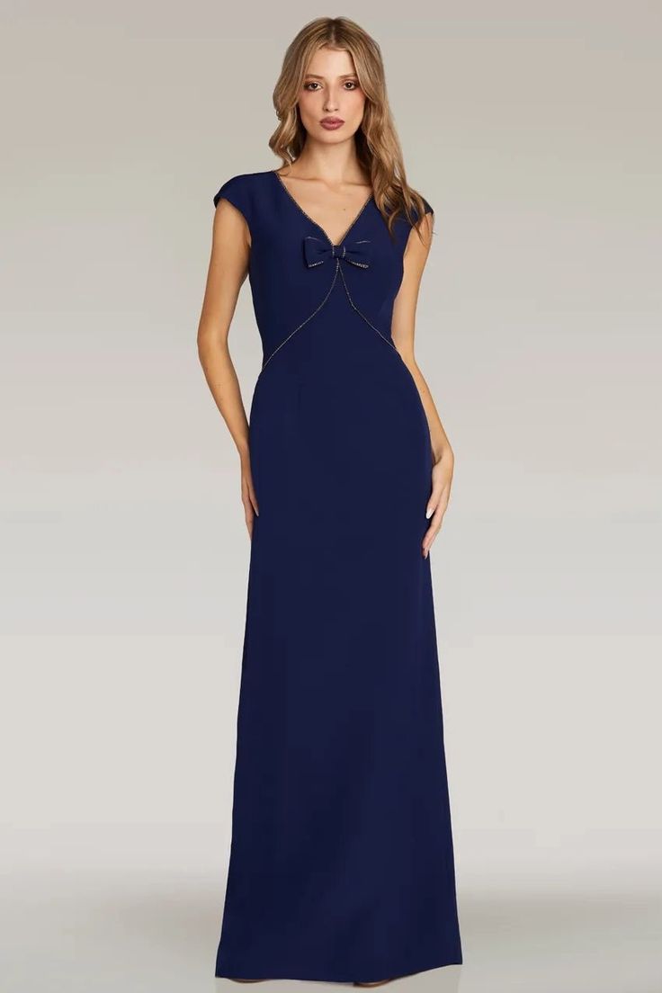 Gia Franco 12307 - Bow Detailed Evening Dress Premiere Dress, Sheath Skirt, Wedding Dresses Bridesmaids, Beaded Trim, Designer Wedding, The Navy, A Cap, Bridesmaids Dresses, Navy Color