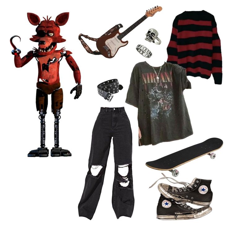 an assortment of clothing and accessories including a skateboard, shirt, jeans, shoes