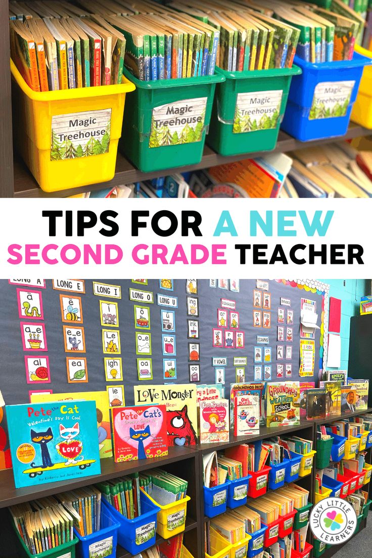 a classroom with bookshelves and bins filled with children's books