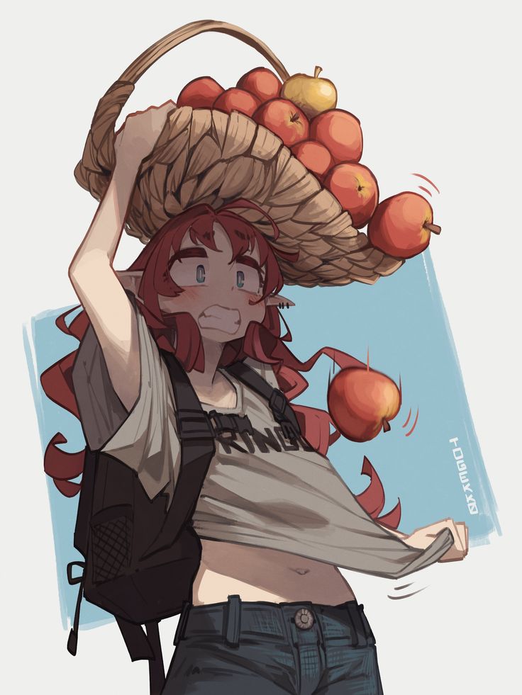 a woman holding a basket full of fruit on top of her head