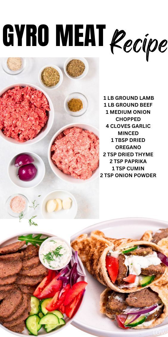 the recipe for gyro meat is shown in three different bowls and on top of each other