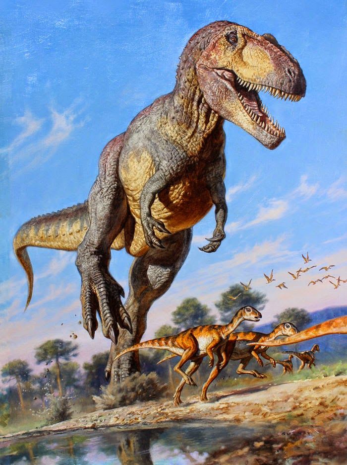 an artist's rendering of dinosaurs in the wild