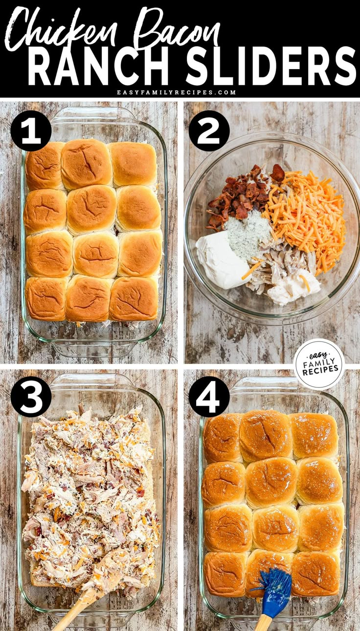 steps to make chicken bacon ranch sliders in a glass casserole dish with text overlay