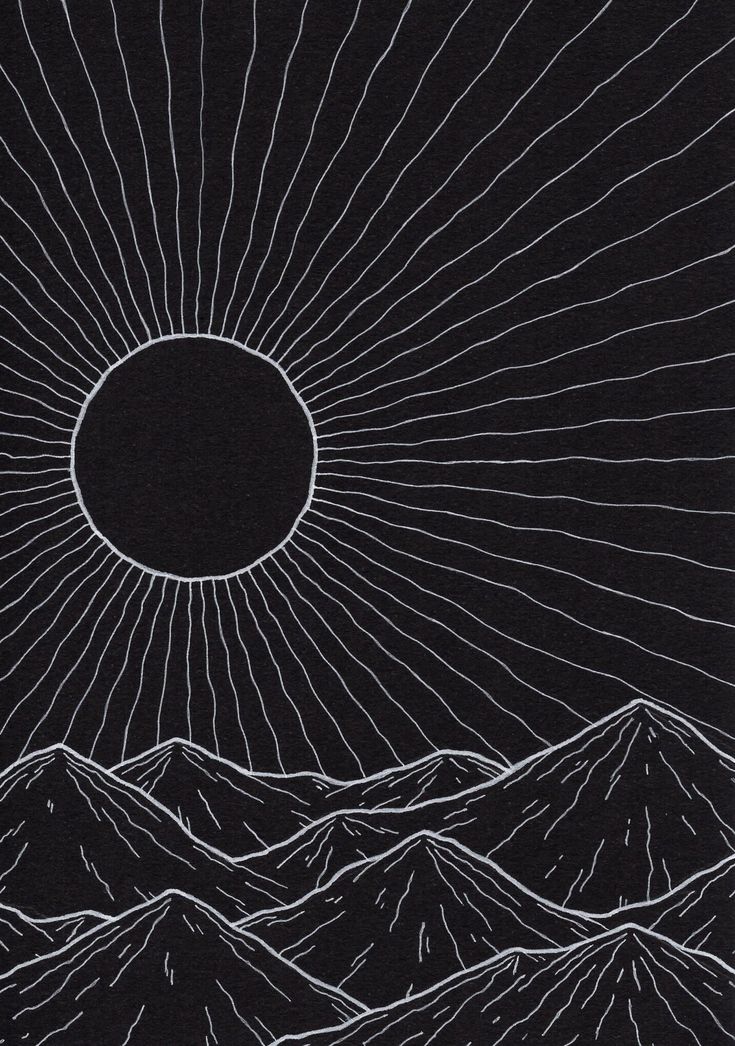 the sun is shining over mountains in this black and white drawing by artist markiek