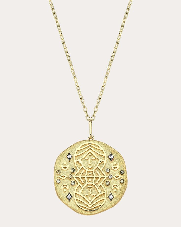 Charms Company Citrine Gemini Zodiac Pendant Necklace | OLIVELA Celestial Necklace With Pendant Of Single Cut Diamonds, Symbolic Round Pendant Diamond Necklace, Symbolic Diamond Round Pendant Necklace, Symbolic Diamond Necklace With Round Pendant, Diamond Zodiac Sign Necklaces, Gold Zodiac Sign Diamond Necklace, Gold Diamond Zodiac Sign Necklace, Symbolic Diamond Medallion Necklace, Celestial Necklace With Single Cut Diamonds In Round Pendant