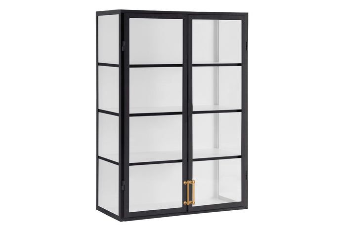 a tall black and white cabinet with glass doors on the front, two shelves below