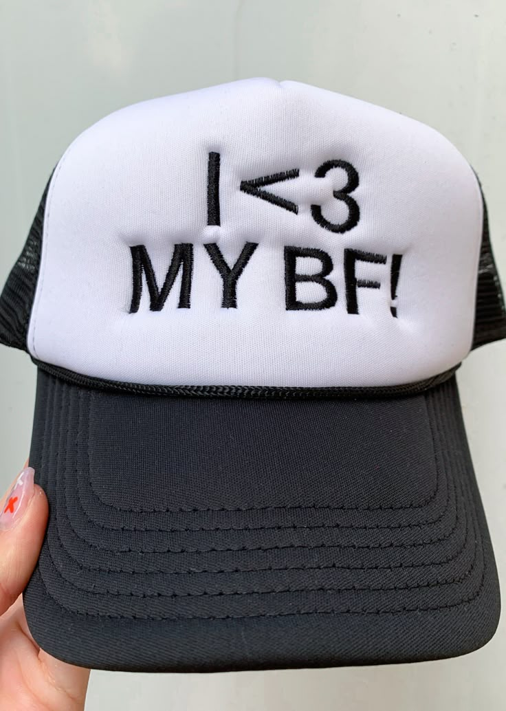 "I LOVE MY GF" FOAM TRUCKER EMBROIDERED HAT Photo features black cap with black thread Adjustable Hat Size Black Novelty Snapback Hat, Novelty Black Flat Bill Baseball Cap, Novelty Black Snapback Hat One Size, Novelty Black Hat With Flat Bill, Black Snapback Hat With Letter Print, Black Brimmed Dad Hat, One Size, Black Brimmed Dad Hat, Novelty Black Trucker Hat With Letter Print, Novelty Black Hat With Letter Print