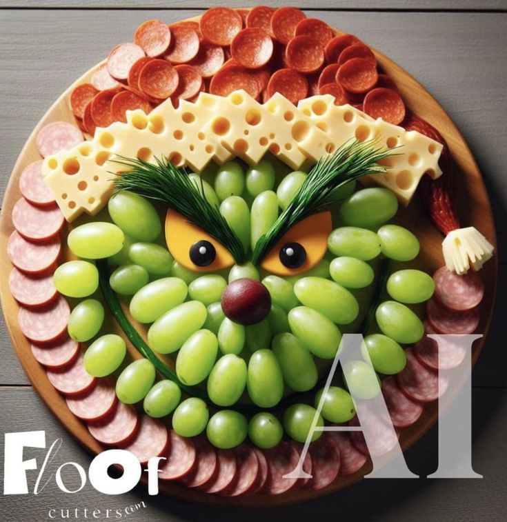 a plate that has grapes, ham and cheese on it with an animal face made out of them