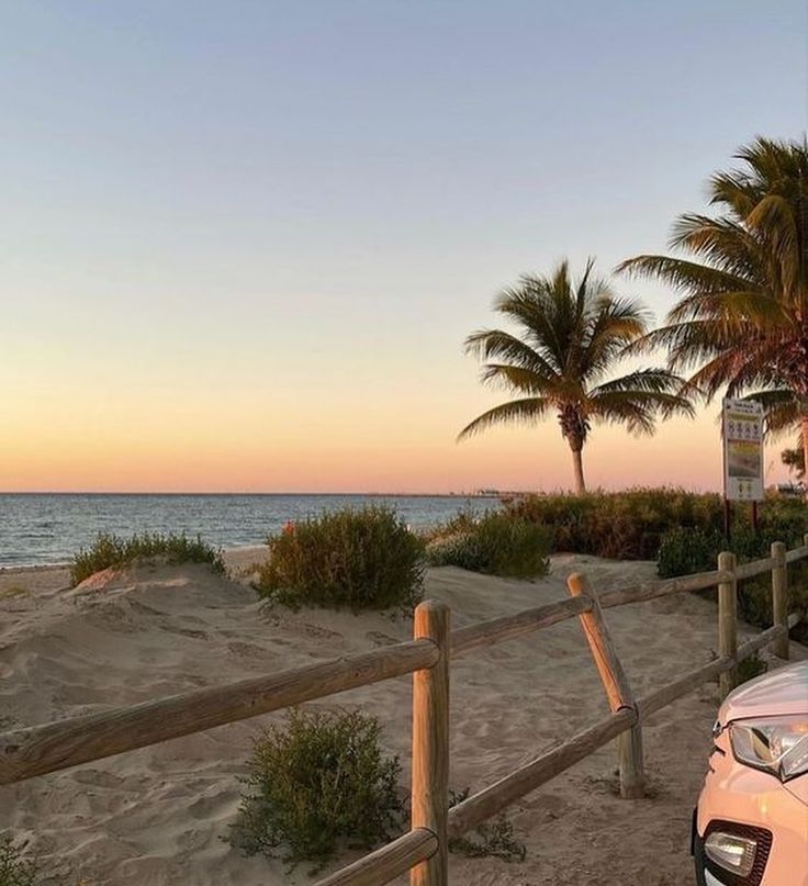 a car parked on the side of a beach next to palm trees and water at sunset