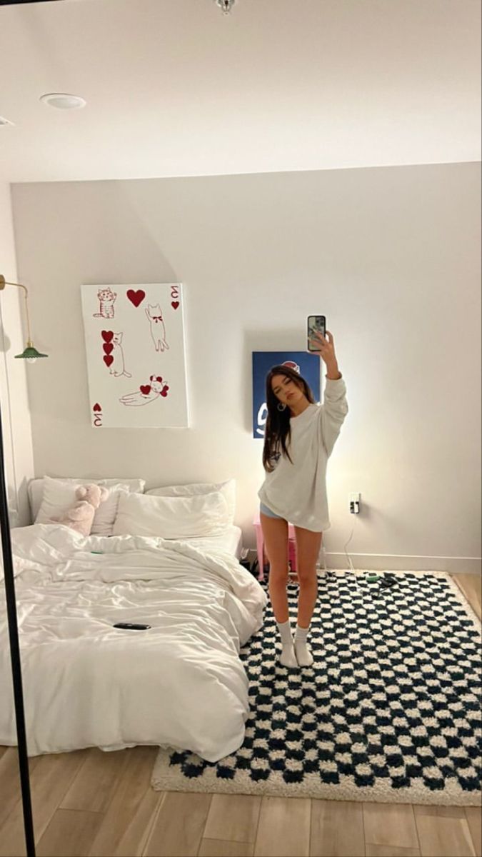 room goals, room designs, checkered carpet, checkered pattern carpet, white duvet covers, room decor designs, dream room decor, white sweatshirt, oversized sweatshirt, loungewear, grey shirt tights, room ideas, room ideas aesthetic, room decor ideas, room poster ideas, room inspiration, aesthetic room, Sophia birlem aesthetic, Sophia birlem room, Sophia birlem aesthetic, Sophia birlem outfits, sleepover aesthetic, summer night, summer night aesthetics, Pretty Room, Dreamy Room, Apartment Decor Inspiration, Dream Room Inspiration, Room Makeover Bedroom, Room Makeover Inspiration, Room Inspiration Bedroom, Room Ideas Bedroom, Apartment Room