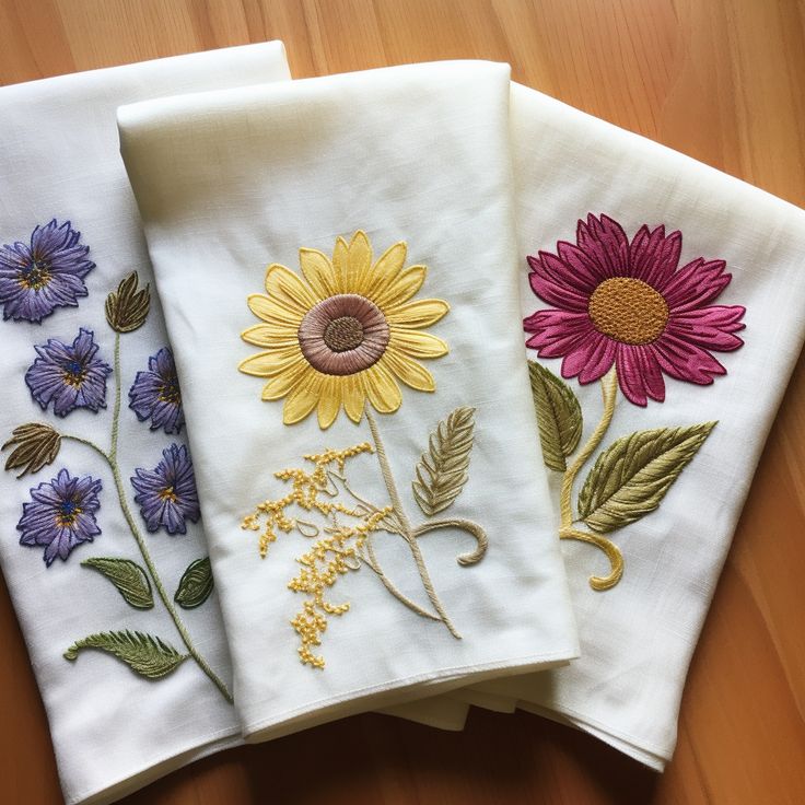 three embroidered napkins with flowers on them sitting on a wooden table next to each other