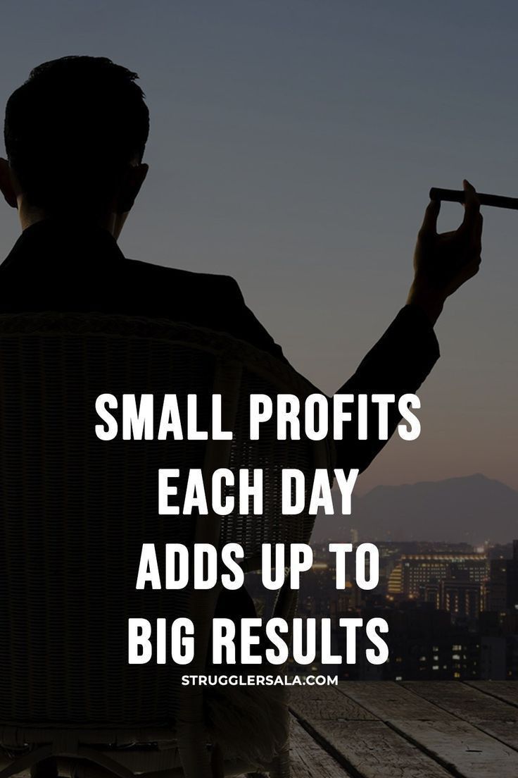 a person sitting in a chair with the words small profits each day adds up to big results