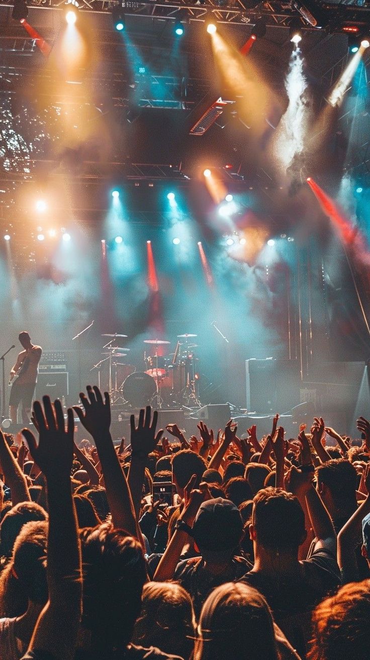 a large group of people at a concert with their hands up in front of the crowd