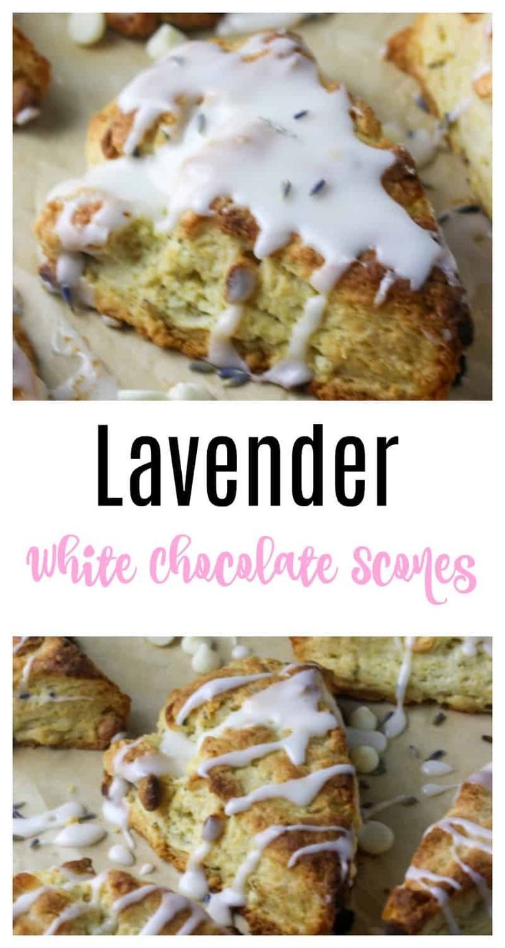 lavender white chocolate scones with icing and sprinkles on the top