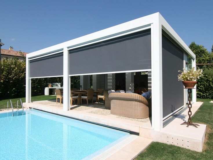 a pool house with a covered patio and swimming pool