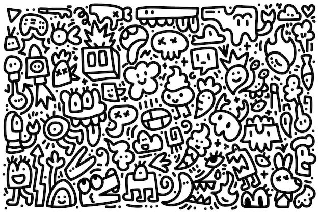 a black and white drawing of many different types of doodles on paper, including letters