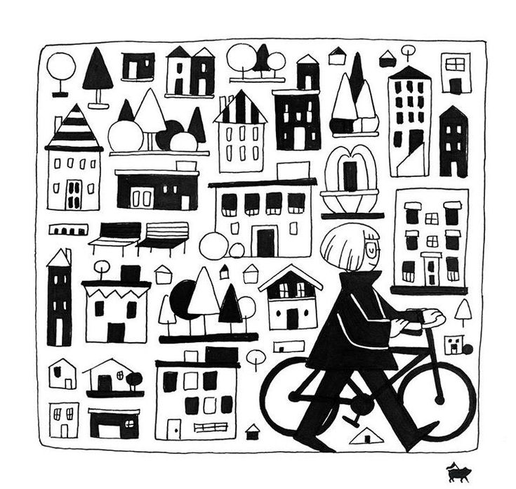 a black and white drawing of a person riding a bike in front of houses, trees, and buildings