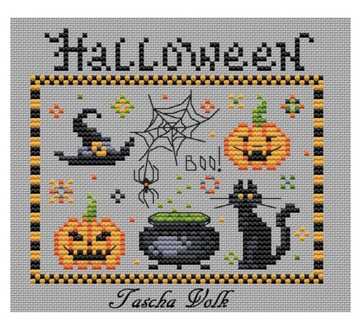 a cross stitch pattern for halloween with black cats and pumpkins on the front, and a