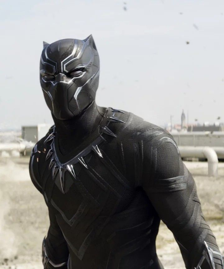 a man dressed as black panther standing in front of an airplane