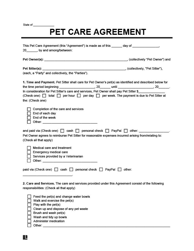 a printable pet care agreement is shown