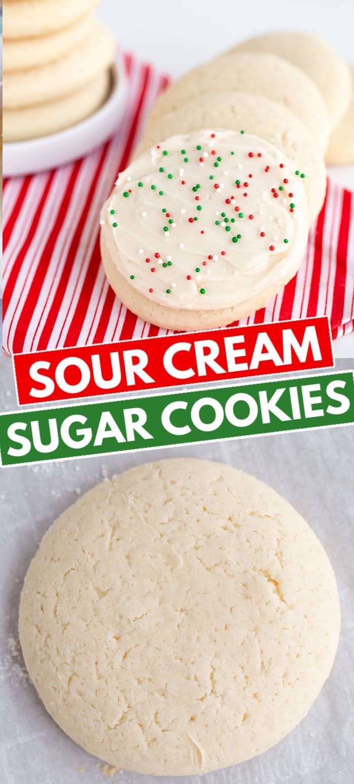 two sugar cookies on top of each other next to a sign that says sour cream sugar cookies