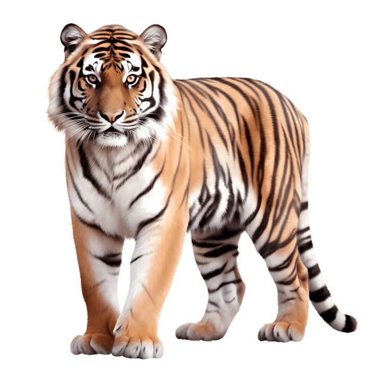 a large tiger walking across a white background