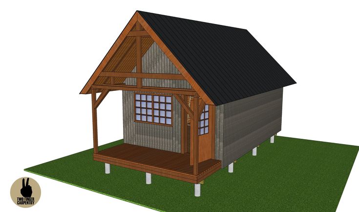 a small wooden cabin with a porch and roof