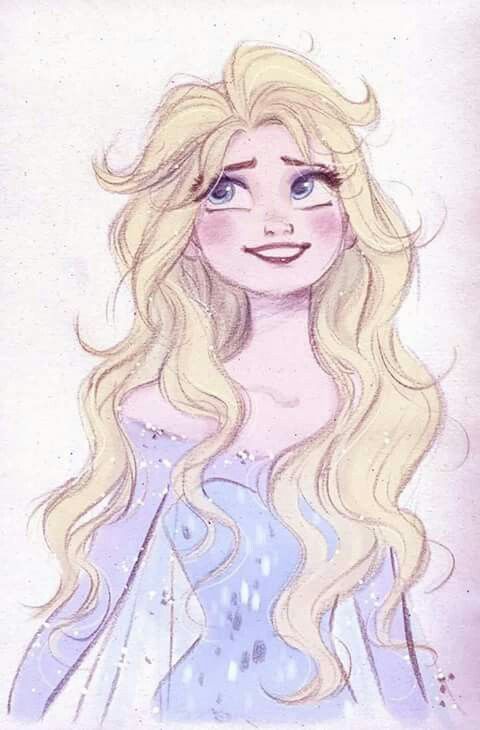 a drawing of a blonde haired girl with blue eyes and long hair wearing a purple dress