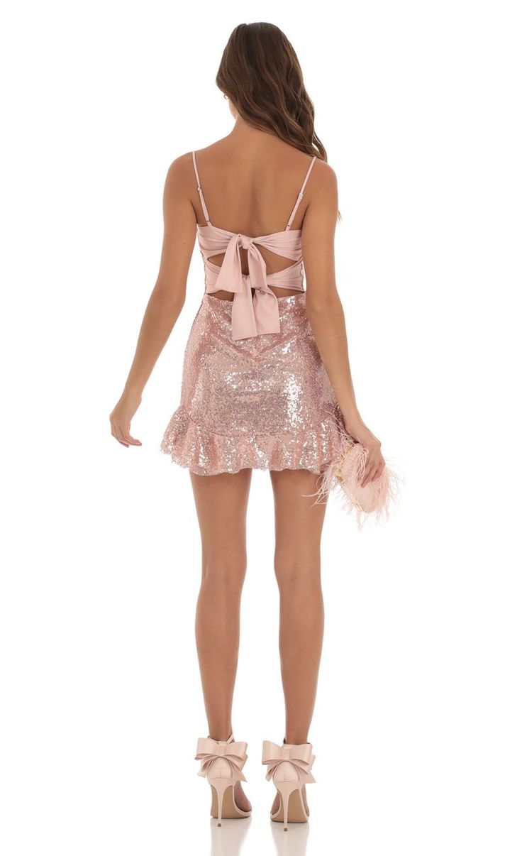 Aubrey Sequin Ruffle Dress in Rose Gold | LUCY IN THE SKY Winter Formal Dresses Short, Sweet 16 Dresses Short, Gold Homecoming Dress, Hoco 2024, Cute Formal Dresses, School Dance Dresses, Mini Gold Dress, Hoco Dresses Tight, Cute Homecoming Dresses