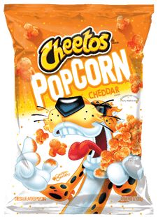 cheetos popcorn bag with an image of a dog in it's mouth