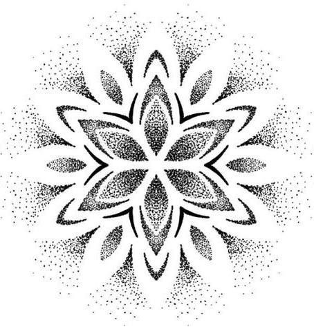 a black and white drawing of a snowflake on a white background with dots