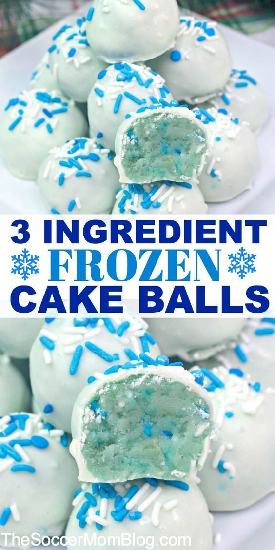 three ingredient frozen cake balls on a white plate with blue sprinkles and text overlay