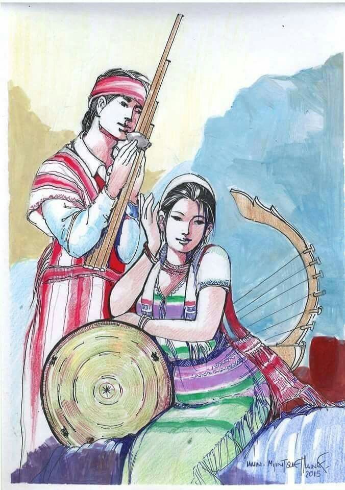 a drawing of a man and woman playing musical instruments