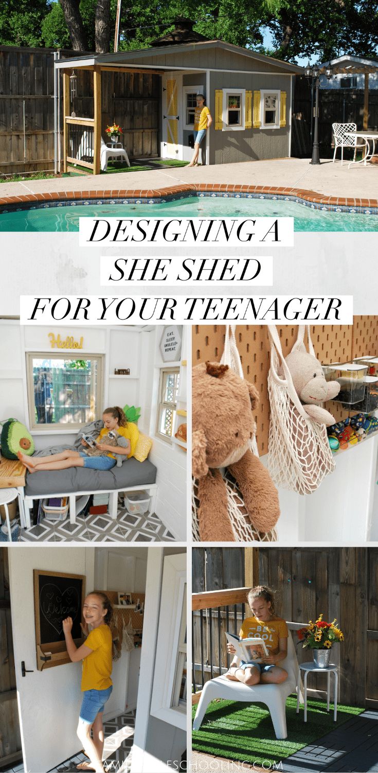 there is a collage of pictures with the words designing a she shed for your teenager