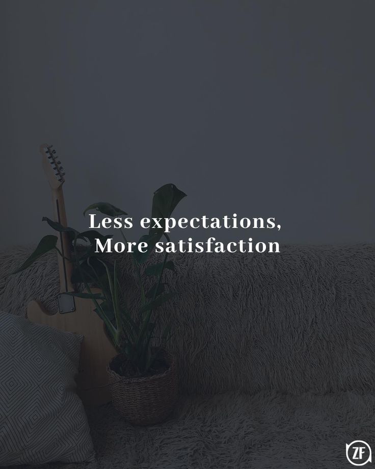 a guitar sitting on top of a couch next to a plant and pillow with the words less expectations, more satisfaction