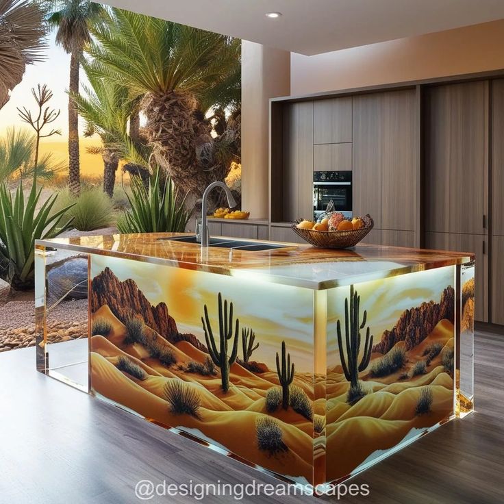 a kitchen with an island in the middle and desert scene painted on the back wall