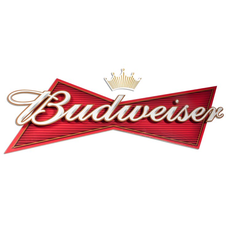 the budweiser logo is shown in red and gold with a crown on top