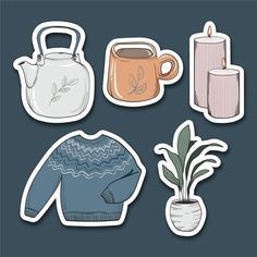 four stickers with different types of items on them, including a teapot, sweater and pot