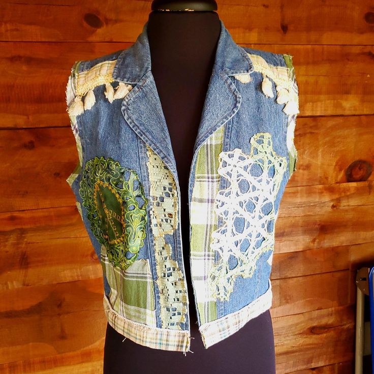 Up Cycled BOHO vest Festival Peace Ladies Vest, Vintage Doilies, Rummage Sale, Boho Vest, Jean Jacket Vest, Fabric Stores, Love And Peace, Vest Outfits, Beaded Trim