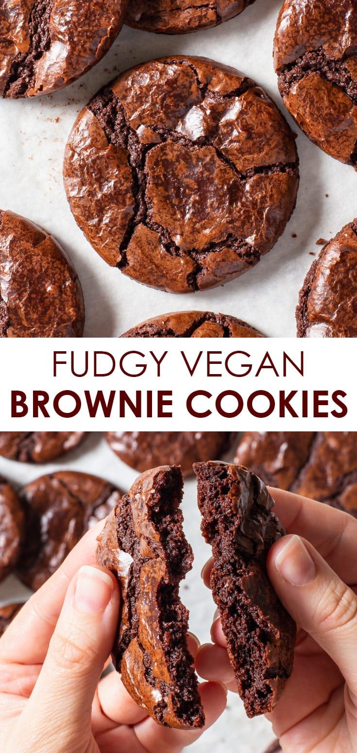 chocolate fudge vegan brownie cookies are being held up in front of the camera